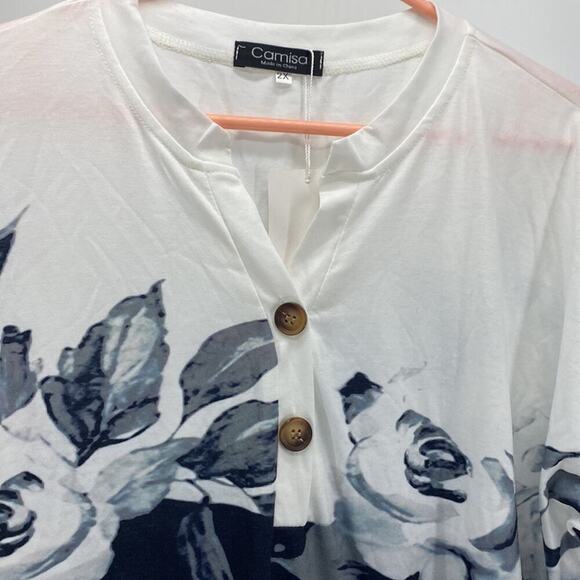 Camisa black white floral roll sleeve 2 button oversized top lightweight top - Picture 4 of 7